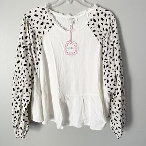 Umgee Size M Animal Print Long Sleeve Oatmeal Peplum Linen Blend Top NEW NWT